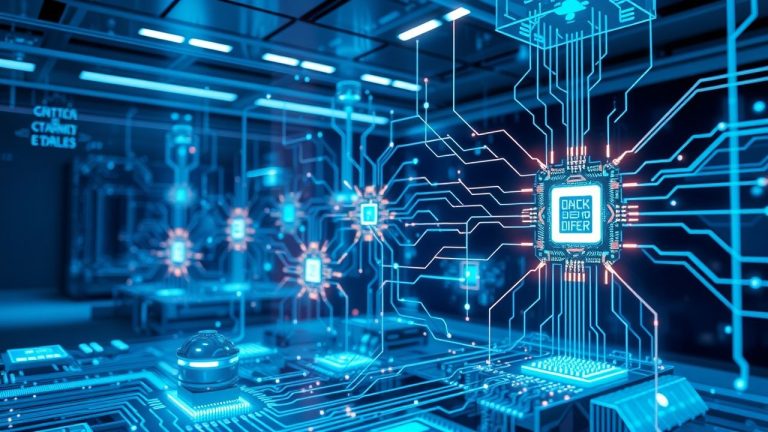 A highly detailed image of a futuristic microchip with intricate glowing circuits and digital data streams, representing advanced technology related to AI hardware.