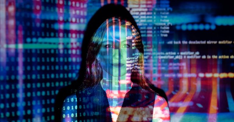 A woman with digital code and AI elements overlayed on her face, representing advanced conversational AI technology.