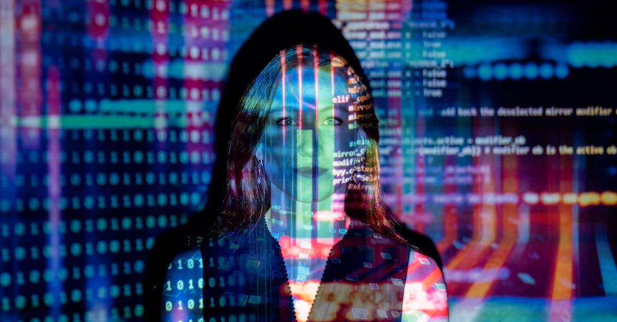 A woman with digital code and AI elements overlayed on her face, representing advanced conversational AI technology.