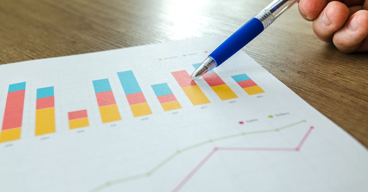 Close-up of a hand holding a blue pen pointing at a colorful bar chart on paper, on a wooden table.
