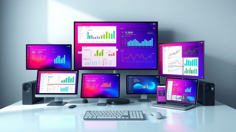A workspace with several monitors and devices showing various colorful data charts and dashboards.