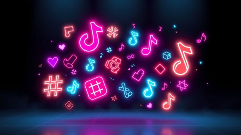 Colorful neon icons and symbols related to TikTok and social media on a dark background, including musical notes, hearts, hashtag, camera, and other digital symbols.