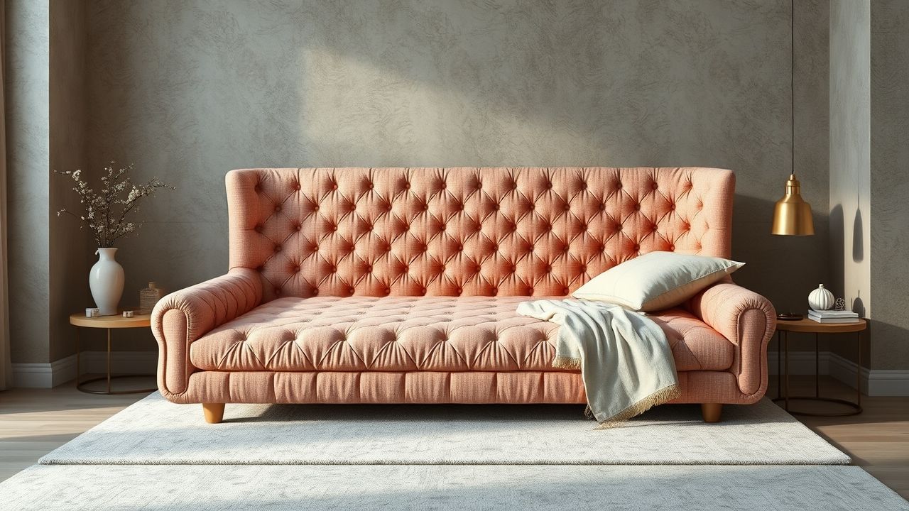 A dusty pink bouclé upholstered bed with tufted headboard in a stylish bedroom, with side tables and ambient lighting.