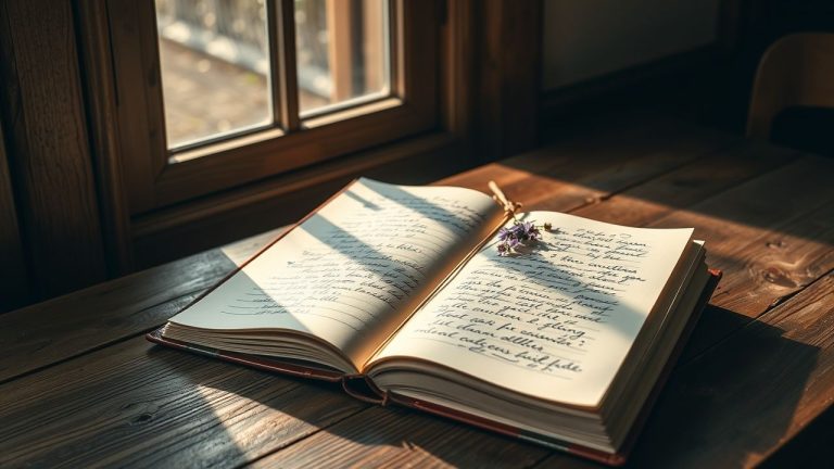 An open journal with handwritten notes resting on a rustic wooden table by a sunlit window.