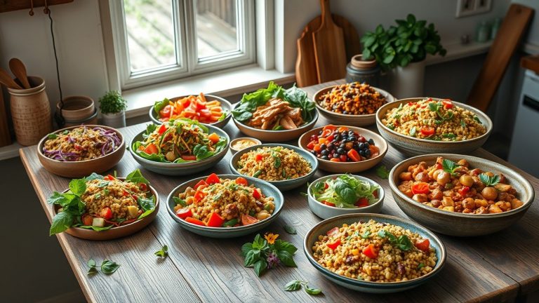 An array of diverse, vibrant plant-based meals on bowls and plates on a wooden table near a window