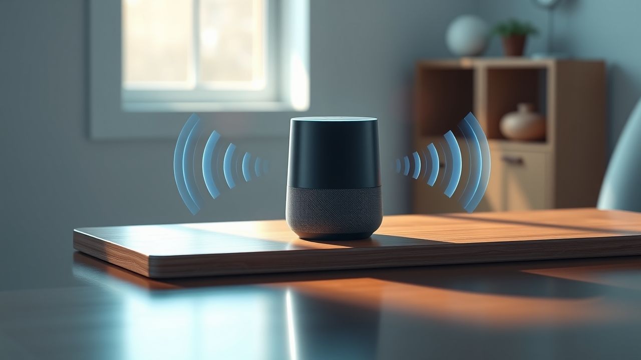 A modern smart speaker placed on a wooden desk in a well-lit room with a window in the background, symbolizing voice search devices in 2025.